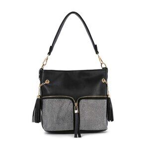 Black Stylish Rhinestone Bling Zip Hobo Handbag